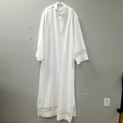 CM Almy White Front Wrap Lace Trim 60" Long Alb Tunic Robe Sz HM
