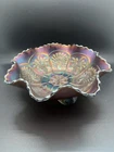 Fenton Amethyst Carnival Glass "Peacock & Grapes" 3-Footed Ruffled Rim