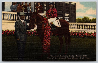 #ad Citation 1948 Kentucky Derby Winner Linen Postcard Horse Racing Legend AA874 $11.35