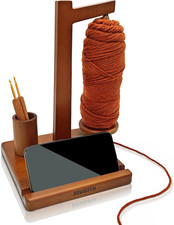 Walnut Wooden Yarn Holder with Phone Stand and Crochet Hook Storage