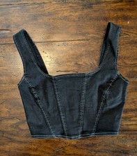 Topshop Denim Corset Crop Top Size 2 Washed Black Jean Y2K Bustier White Stitch