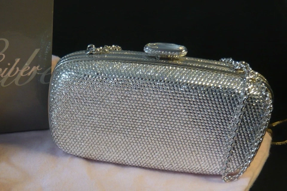 Judith Leiber sac de soirée métal argenté cristaux strass chaîne boîte & cartes - Photo 2/4