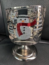 Bath & Body Works Glitter Snowman Trees Silver Pedestal 3 Wick Candle Holder