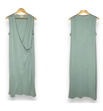 Open Edit Dress Size M Faux Wrap Midi Slit Ruched Bodycon Sea Green Deep V NEW