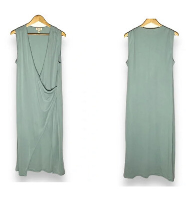 Open Edit Dress Size M Faux Wrap Midi Slit Ruched Bodycon Sea Green Deep V NEW