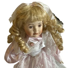 vintage porcelain doll Blonde Hair Pink Dress Princess Crown Hair Thing