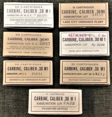 FRANKFORD ARSENAL M1 CARBINE WWII NEW REPLICA 50 ROUND AMMO BOX- 7 LABEL DISPLAY SET OF ALL PLANTS