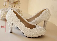 WHITE IVORY Lace Flower bridal high heel wedding shoes low heel flat bridesmaid