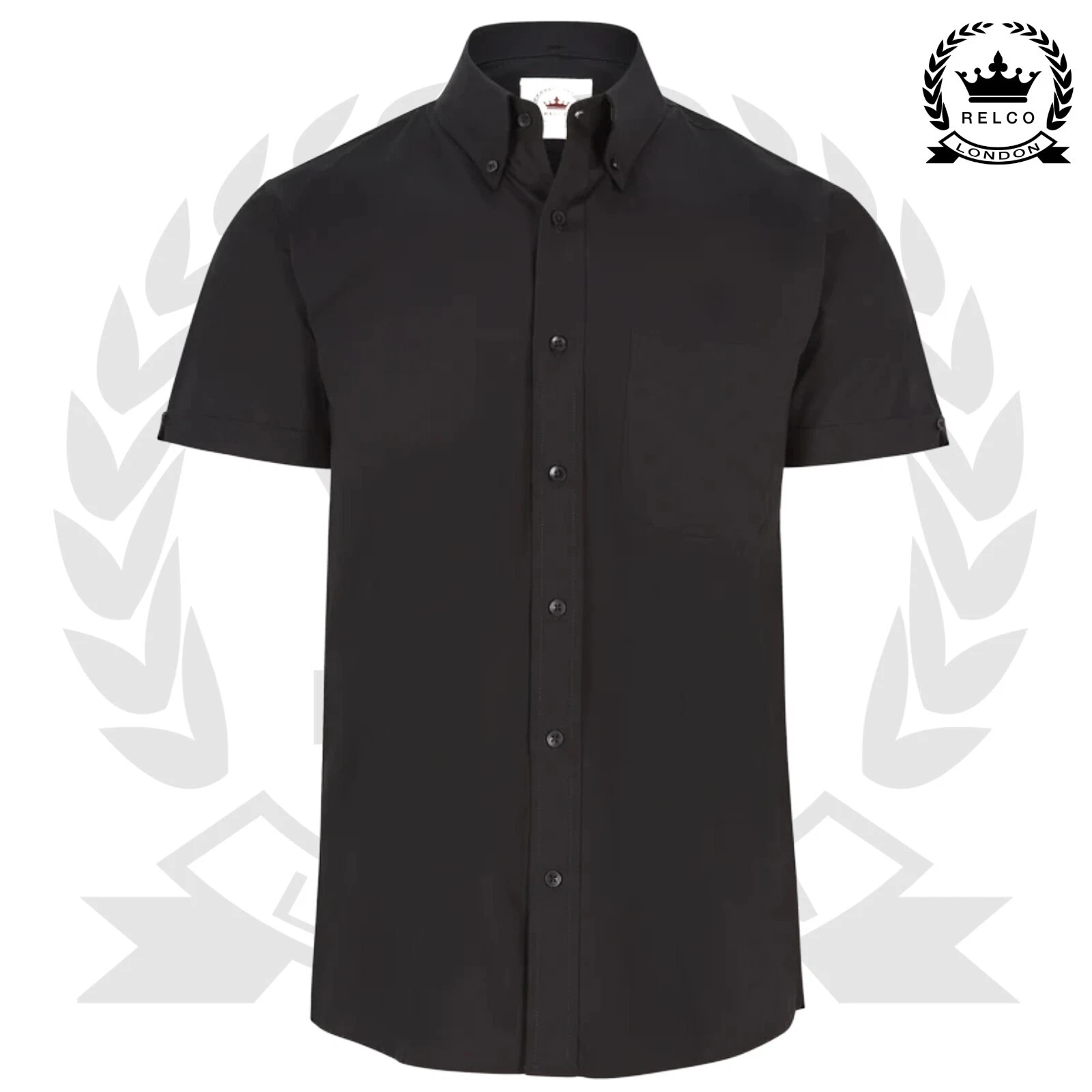 Relco Mens Oxford Cotton Shirt In Black Short Sleeve Button Down Collar Retro