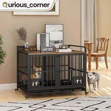 42" Mobile Dog Crate Furniture w/ Swivel Wheels Steel Pet Bowl and Tray