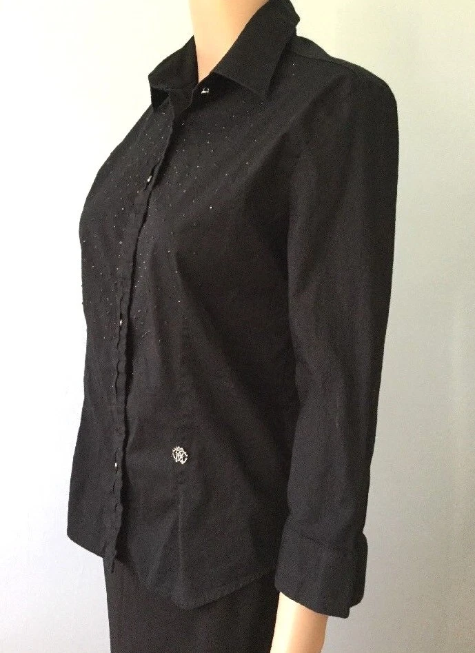 女式正品 Roberto Cavalli 黑色正装衬衫纽扣前水晶标志 M — 第 2/4 张图片
