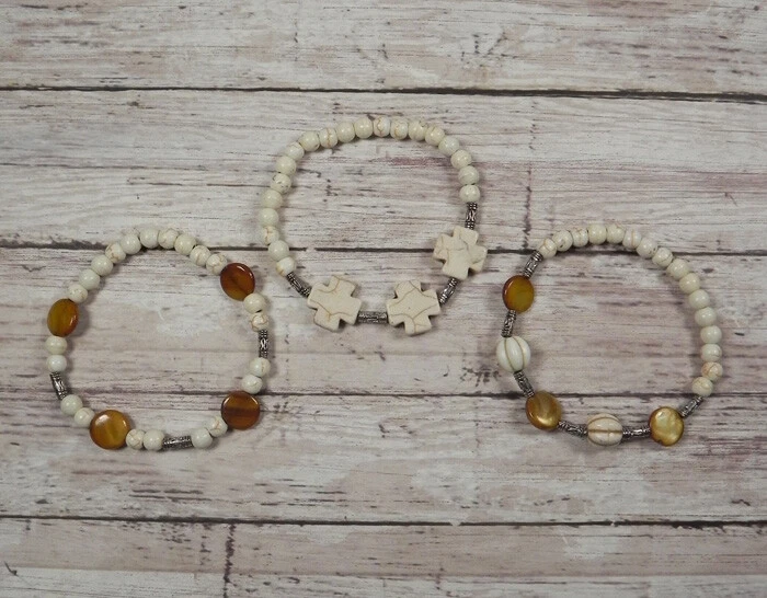 Howlite Coin Shell Beaded Handmade Boho 3 Bracelets White Brown Copper 7" - Image 2 of 4