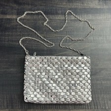 Silver Metal Mesh Purse Bag Lined Chain Shoulder Strap Zipper Retro Disco READ