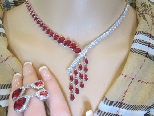 Ruby red gem stone ladies lab created 18k gold filled Necklace Earring Set - Picture 11 of 11