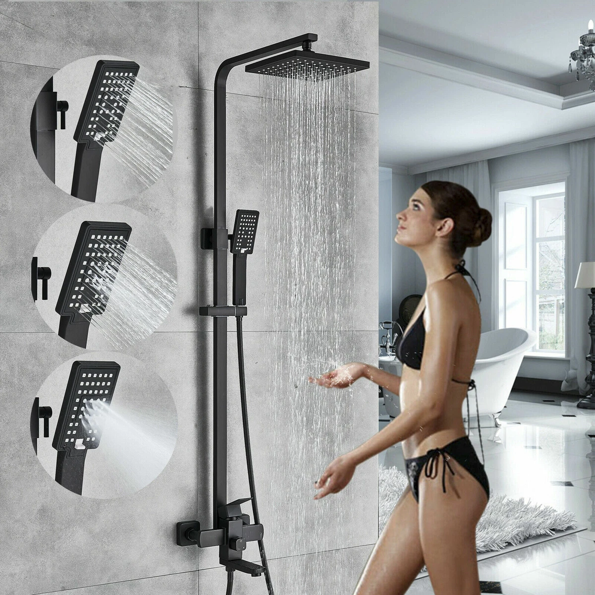 Matte Black Shower Faucet System Bathroom Rainfall Head Combo with Handle  Spray