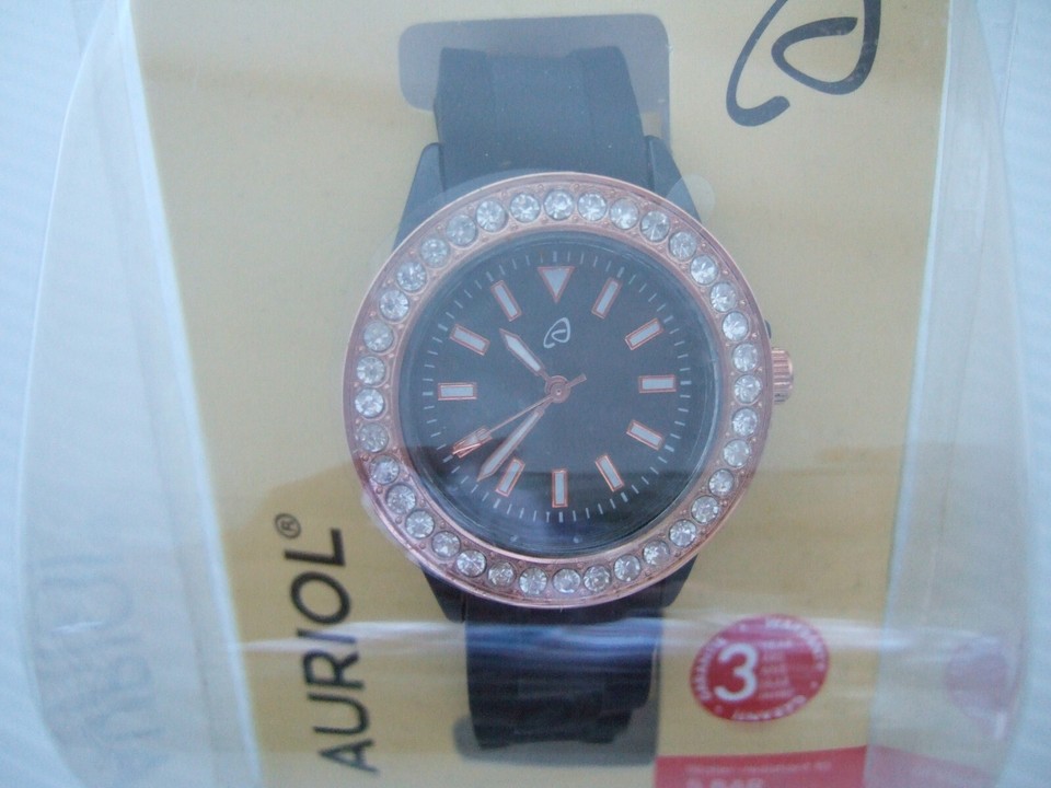 NEW Auriol Ladies Diamante Watch with Black Silicone Strap Sealed Box