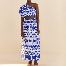 Farm Rio One‑Shoulder Maxi Dress – Off‑White / Blue Pitta Tiles – Size L – NWT