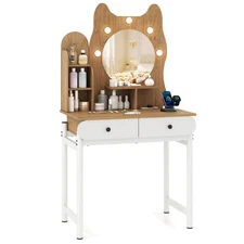 Small Vanity Desk with Mirror and Lights Cute Kitty Makeup Table w/Power Outlets