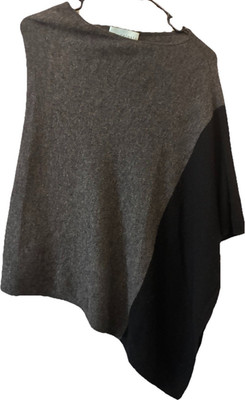 Celeste Wool Cashmere Colorblock Asymmetrical Poncho Sweater Gray Black One Size