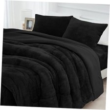 Faux Fur Comforter Set with Fitted Sheet - Luxury Ultra Soft Fluffy Queen Black