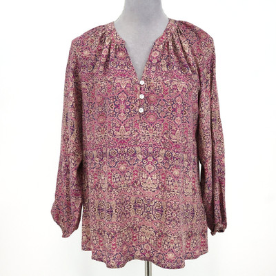Max Studio Top Womens Medium Silk Pink Purple Print Blouse Ruched Neck Career