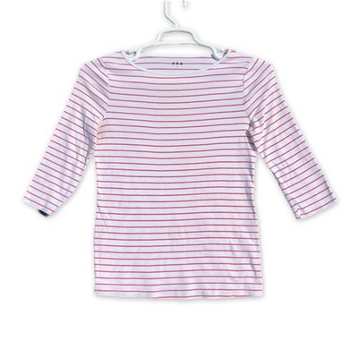 Three Dots Striped Boatneck Top Womens M Red White 3/4 Sleeve California USA