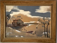 BENJAMIN JORJ HARRIS ANTIQUE  MODERN LANDSCAPE AIRBRUSH PAINTING VINTAGE 1940s