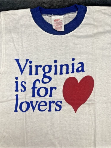 Vintage 70s Virginia Is For Lovers Blue Ringer T-Shirt Deadstock Hanco Kids 6-8