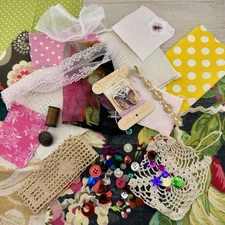 Slow Stitch Pink Green Yellow Kit Embroidery Vintage Trim Lace Floss Scrap Craft