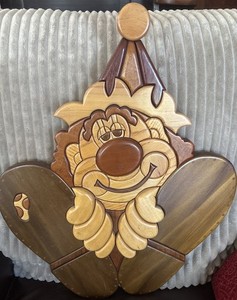 Vintage Judy Gale Roberts pattern Big Foot Clown intarsia wood 3D wall art piece
