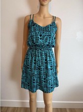 Vintage Y2K Maurices Teal Black Geometric Strappy Back Mini Womens Dress Size S