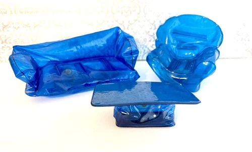 Vintage 70s Barbie Doll Size Inflatable Furniture Sofa Chair Table Blue Couch