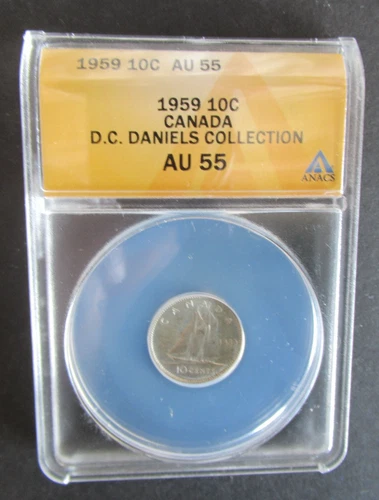 1959 SILVER 10 CENTS ANACS GRADED AU55 CANADIAN DIME