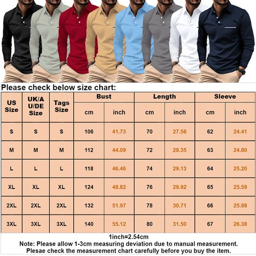 Herren Polo T-Shirt 3 Knöpfe Ausschnitt Langarm Hemden Freizeit Uni Slim Fit Tops UK - Bild 4 von 20