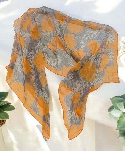 Bufanda transparente floral vintage naranja gris flores rayón bordes enrollados a mano Japón - Imagen 1 de 8