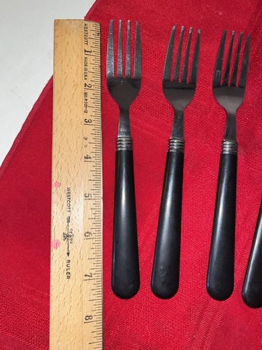 8 PC BLACK PLASTIC HANDLED STAINLESS FLATWARE SET 4 FORKS 4 SPOONS & CHIP CLIP - Picture 8 of 12