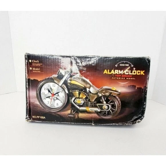 Motorcycle Quartz Alarm Desk Clock Battery Powered Gun Metal Gray in Box - Image 2 of 4