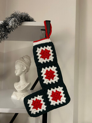 Handmade Granny Square Christmas Stocking Green Red White New Year Gift Sock