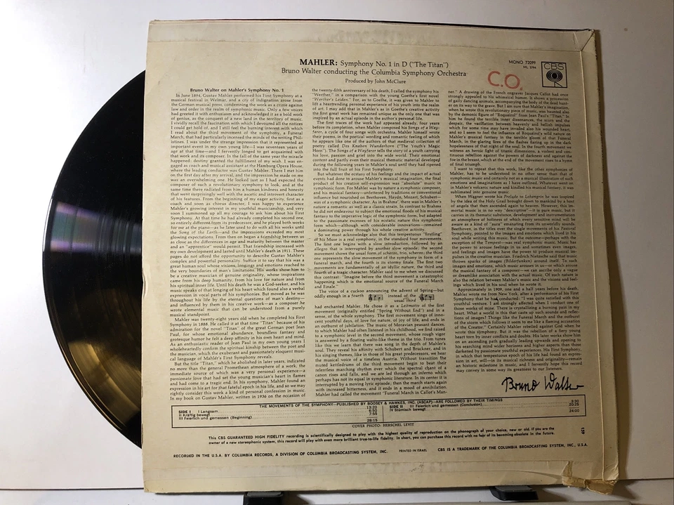 Mahler Symphony No. 1 In D 72099 Mono Bruno Walter VG+ 12in Vinyl Record Album - Image 2 of 2