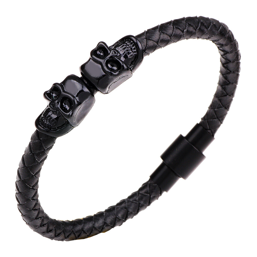 Punk Rock Twin Skull Braided Leather Bangle Mens Womens