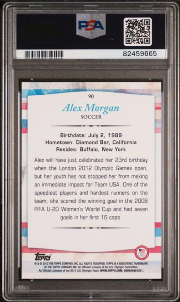 Tarjeta de fútbol radiocontrol de novato Alex Morgan #90 graduada 2012 Topps Juegos Olímpicos de Estados Unidos PSA 10 gemas Foto 2 de 2