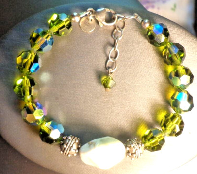 Emily Ray (Signed) 8'' Bracelet W/Swarovski Green Crystals &Marble Pendant/Silver