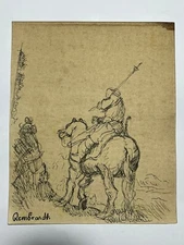 REMBRANDT drawing and painting on old paper signed stamped vintage