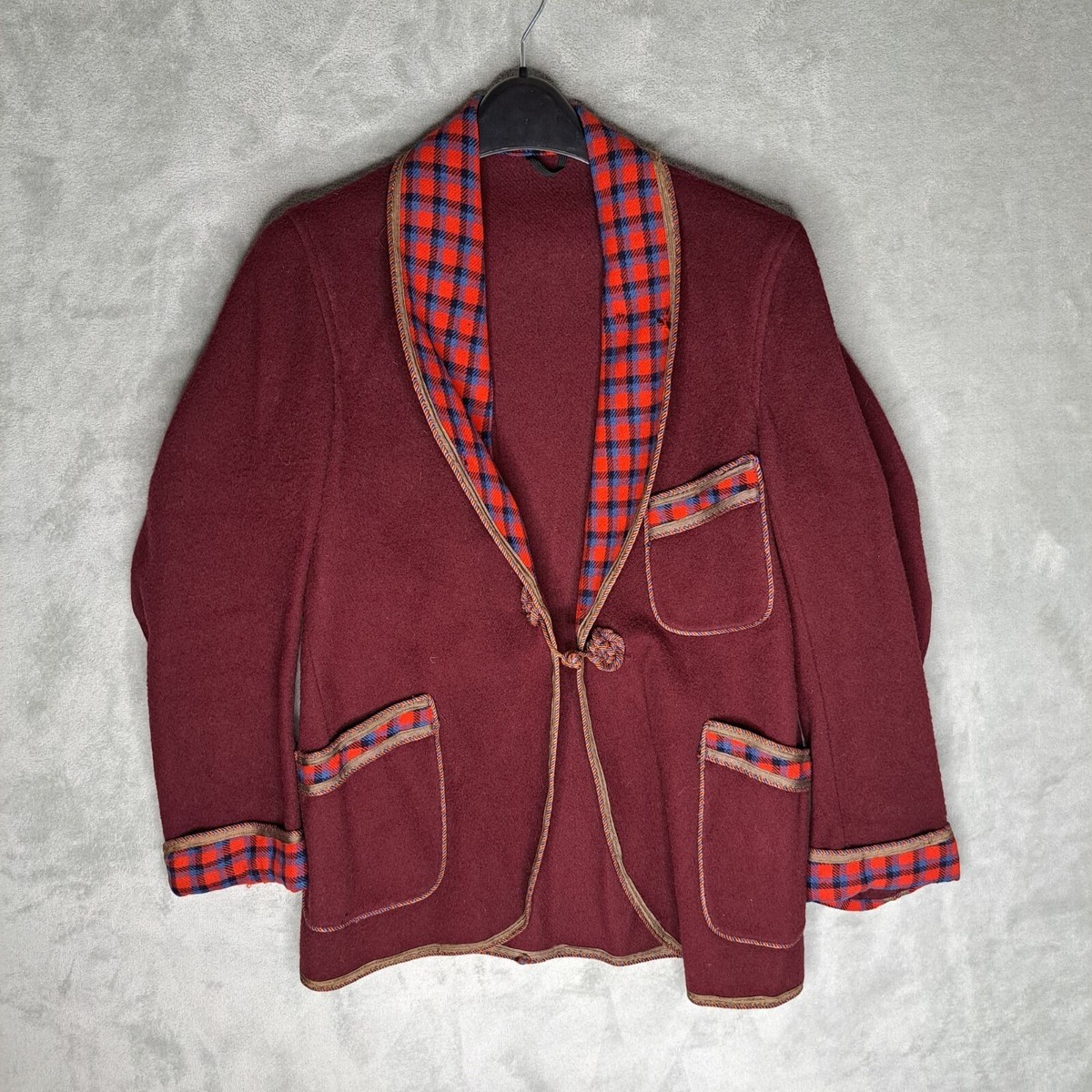 Caulfeild Maroon Wool Smoking Jacket Red Blue Plaid Mens Vintage