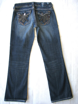 MEK Nagoya Low Bootcut Flap Jeans Women Sz 27 Dark Blue Distressed+Stretch L28.5