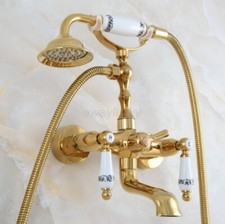 Gold Color Brass Wall Mount Clawfoot Bath Tub Faucet with Hand Shower Mixer Tap