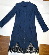 Elie Tahari Navy Embroidered Shirt Dress Cotton Crochet Lace Hem Size S