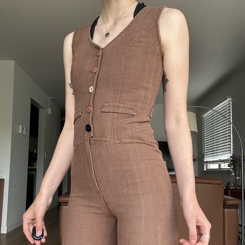 1970s Brown Button Front Flared Jumpsuit - Picture 5 of 7