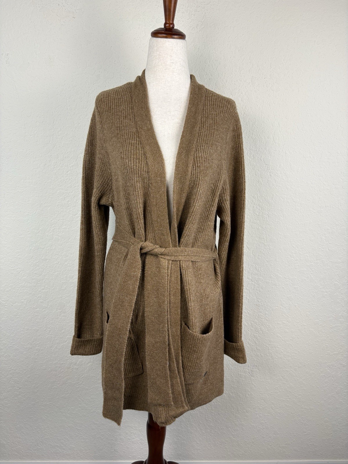 Joules Size M Belted Cardigan Long Duster Ribbed Knit Camel Tan Cozy Soft