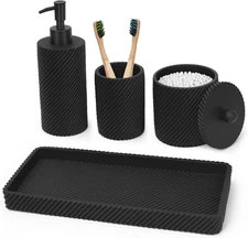 Black Bathroom Accessories Set 4 Pcs - Toothbrush Holder,Lotion Soap Dispenser,Q